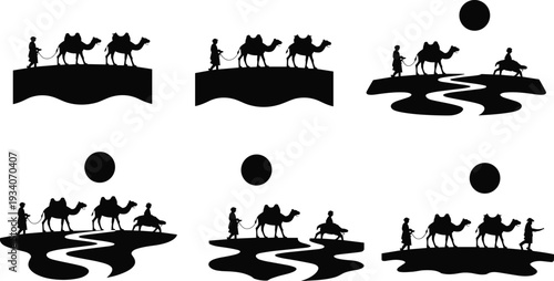Camel caravan desert silhouette set, nomad travelers with camels under sun on sandy dunes landscape