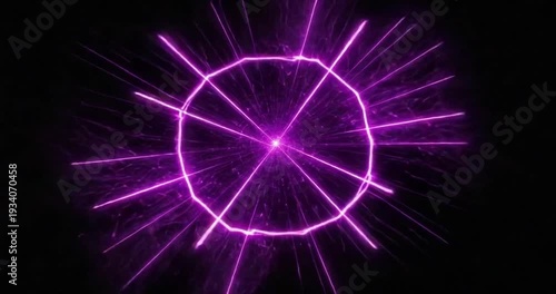 Purple laser light beams radiate outward.