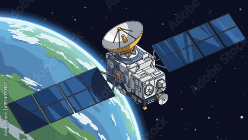Satellite orbiting Earth with solar panels