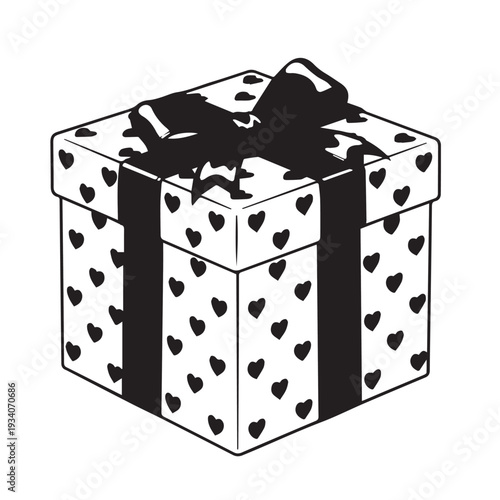 Chic gift box wrapped in a heart pattern with a bold black ribbon for a celebratory occasion.