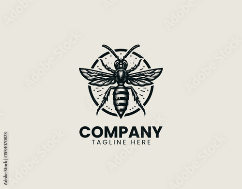 Detailed wasp insect black vector logo illustration isolated on white background