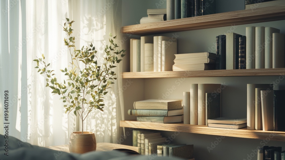 Fototapeta premium Bookshelves sunlight interior