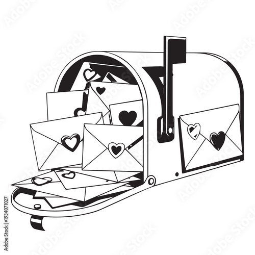 Illustration of a mailbox overflowing with love letters and envelopes, conveying romance and heartfelt messages from a cozy, sentimental scene.