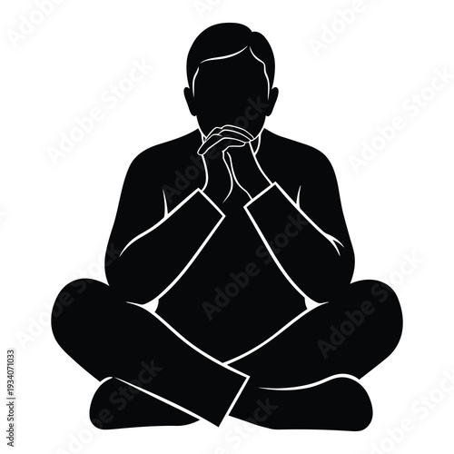 Man sitting cross legged in meditation pose on white background