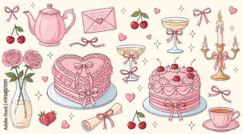 Pink heart shaped cake and round cake with cherries on top with teapot and tea cup on beige background with flowers and bows and hearts