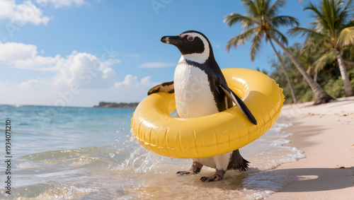Penguin wearing yellow inflatable swim ring walking along tropical beach, humorous summer vacation concept
