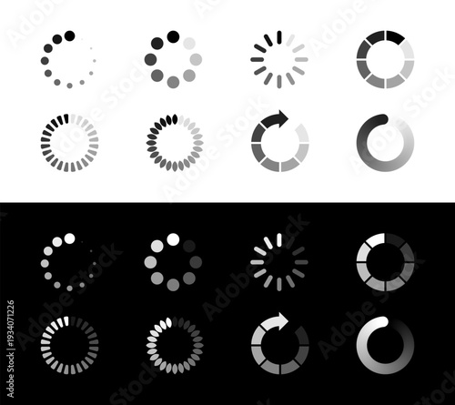 Minimalist mega combination of eight circular loading buffering icon styles for light and dark mode UI UX interface design.