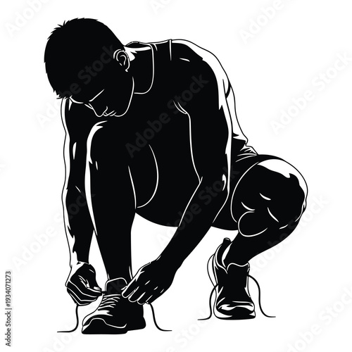 Man tying shoelaces before running exercise isolated on white background