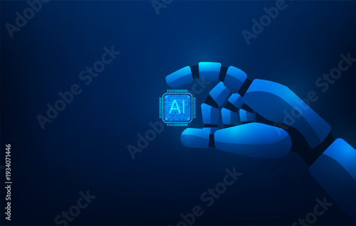 robot hand holding a chip technology low poly blue background. hand artificial intelligence automatic. vector illustration fantastic technology.