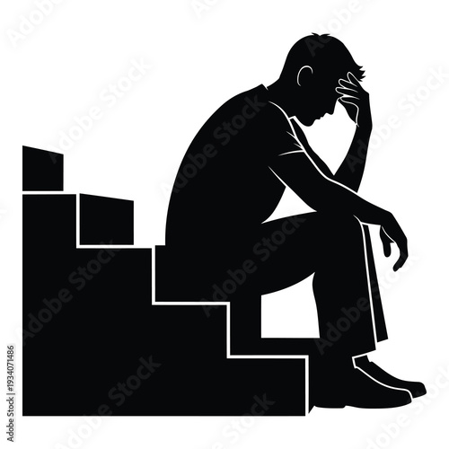 Man sitting on stairs with head in hand looking sad isolated on white background