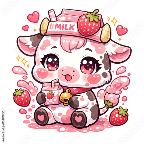kawaii cow, cute cow, chibi cow, strawberry milk theme, kawaii illustration, pastel colors, soft tones, whimsical, playful, sweet, charming, joyful, cheerful, digital illustration, kids illustration, 