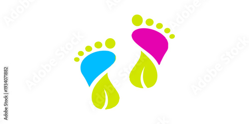 Abstract colorful background with a vector illustration of a flower and a baby footprint silhouette icon as a symbolic eco design element