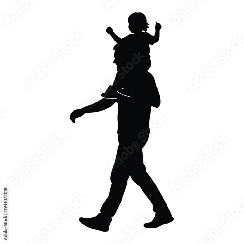 Silhouette of a man walking with child on shoulders isolated on white background