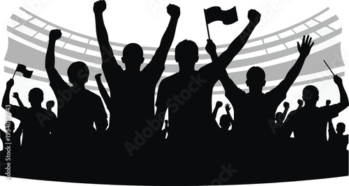 Silhouette of enthusiastic crowd celebrating with flags and raised fists isolated on transparent background