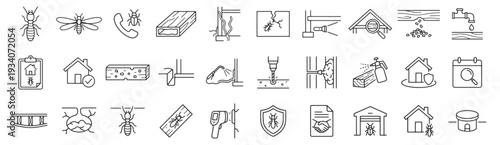 Termite inspection and treatment line icon set. Insect swarm, wood beam damage, mud tubes, bait station, drill injection, moisture scan outline vector illustrations. Signs for pest control services.