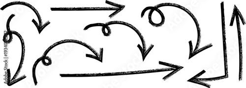 A complex network of arrows on a white background with various directions and sizes