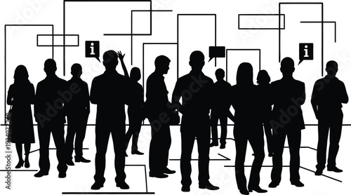 A diverse group of people connected by a complex network of lines and rectangles. isolated on transparent background