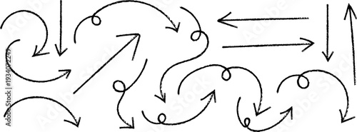 A complex network of arrows and curved lines in a chaotic pattern