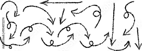 A complex abstract drawing with arrows and swirling patterns