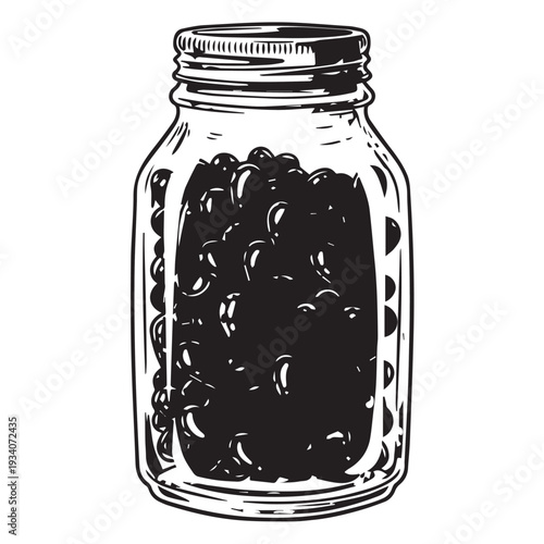 A jar of glossy black beans preserved in a clear glass container.