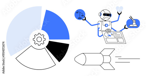 Artificial intelligence, innovation, engineering, automation, technology, data visualization. Features robot multitasking with a pie chart and a rocket. Highlights artificial intelligence