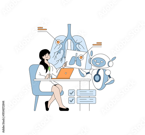 Doctor Analyzing Lung Radiology with Robot, Vector Illustration