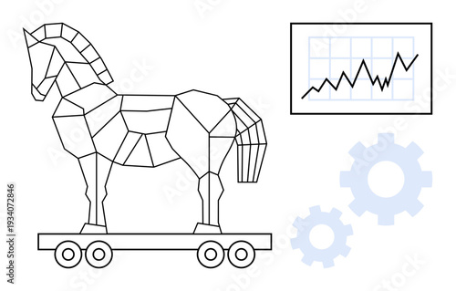 Cybersecurity, malware protection, digital risk, business analysis, tech caution, hacking threats. Geometric Trojan horse, upward business graph mechanical gears. Cybersecurity and malware