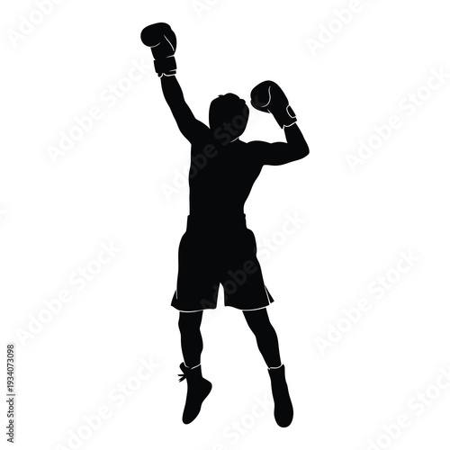 Silhouette of a boxer celebrating victory with raised arms isolated on white background