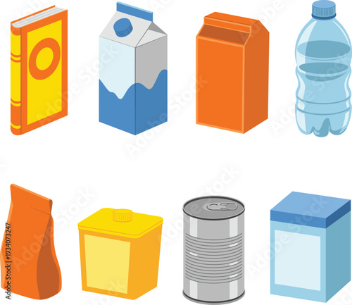  Food and beverage packaging set, milk carton bottle can box pouch book vector illustration collection