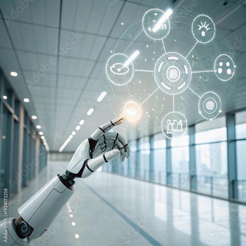 Robotic Hand Interacting with Glowing Abstract Symbols and Data Lines