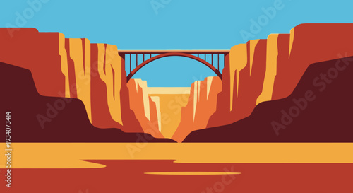 Abstract illustration of a bridge spanning a canyon under a blue sky