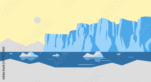 Arctic landscape illustration icebergs and ocean under a clear sky
