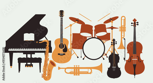 Assortment of musical instruments in graphic style for creative design