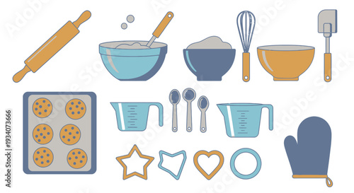 Baking tools and cookies illustration kitchen utensils and food preparation