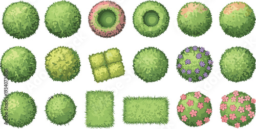 Top view vector set of green flowering shrub and bush symbols for landscape architecture garden design site mapping outdoor environment plans and yard landscaping diagrams.