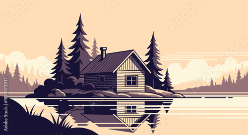 Cabin on island surrounded by trees and water with reflection illustration