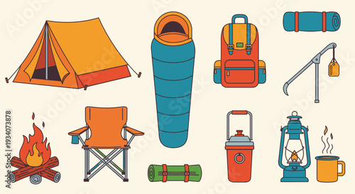 Camping equipment vector illustration outdoors adventure and travel