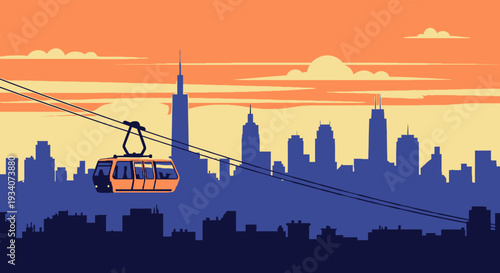 Cable car travels across cityscape silhouette at sunset against orange sky