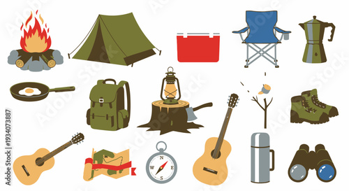 Camping gear icons tent campfire backpack guitar outdoors activities