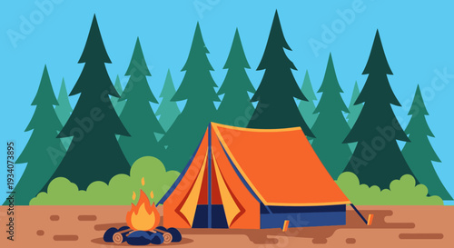 Camping scene illustration with tent campfire and trees outdoors in nature