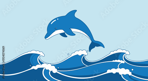 Cartoon dolphin jumping over ocean waves against light blue background