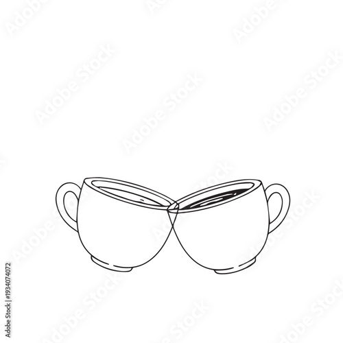 Minimalist line drawing of two teacups touching.