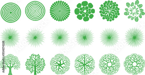 Minimalist green vector set of tree and plant symbols for landscape architecture site plan design garden mapping outdoor environment projects and urban planning diagrams.