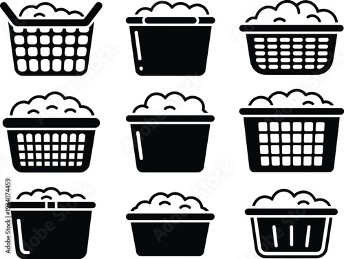 Laundry basket icon set, washing tub with clothes silhouette vector illustration collection for cleaning concept