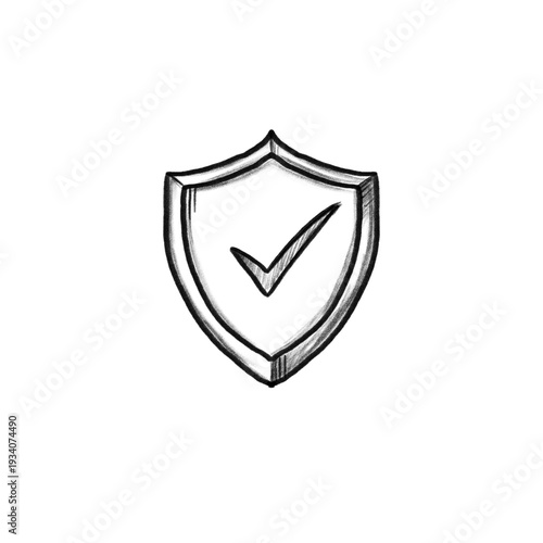 Shield Check Mark Security Approved Hand drawn illustration, black pencil, transparent PNG, human made/no ai