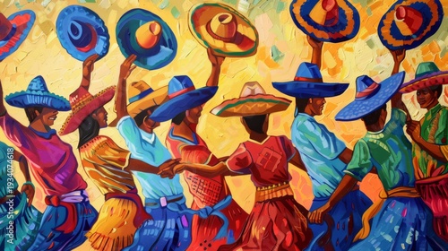 A group of people are dancing happily in a conga line, wearing colorful clothes and straw hats.