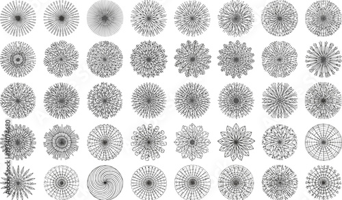 Black and White Landscape Architecture Tree Plan Symbols Collection with Various Professional Overhead Garden Design Graphics and Vector Foliage Icons for Site Planning Layouts