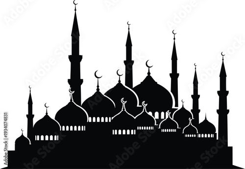 Silhouette of a mosque with intricate minarets and domes against a plain background isolated on transparent background