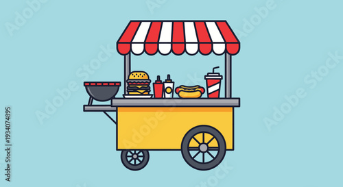 Cartoon food cart with various meals and drinks on blue background