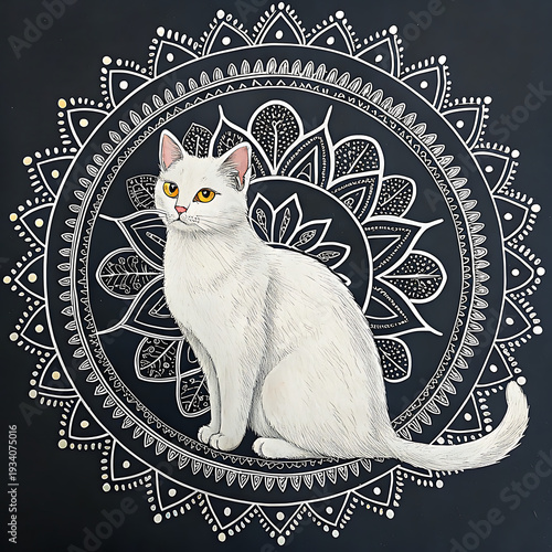 black and white cat on a black background